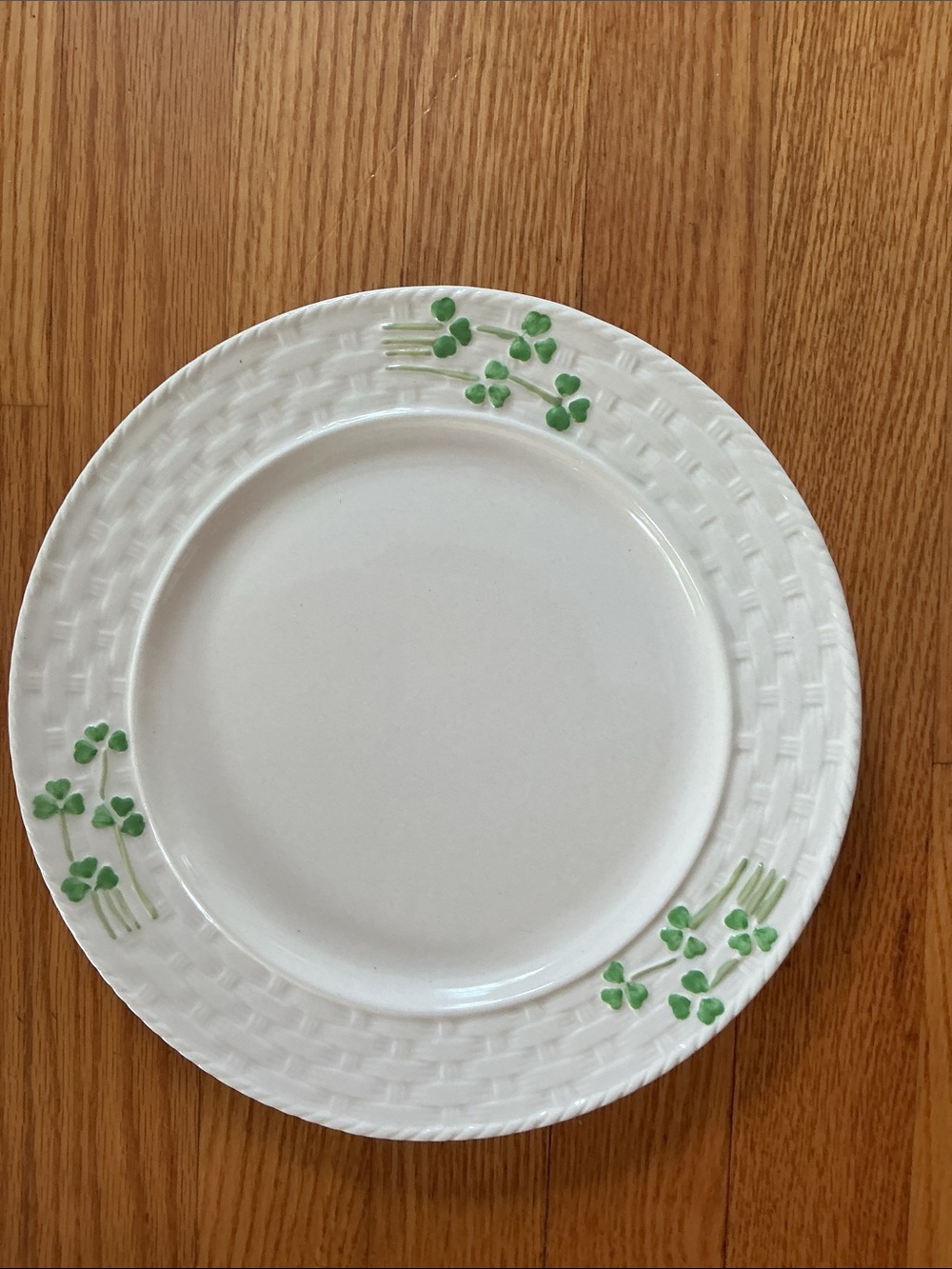 Shamrock Side Plate White Ceramic Dinner Plate with Green Clover Accent.